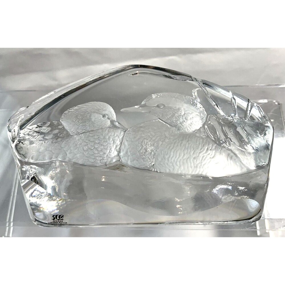Mats Jonasson Full Lead Crystal Etched Mallard Duck Paper Weight Signed